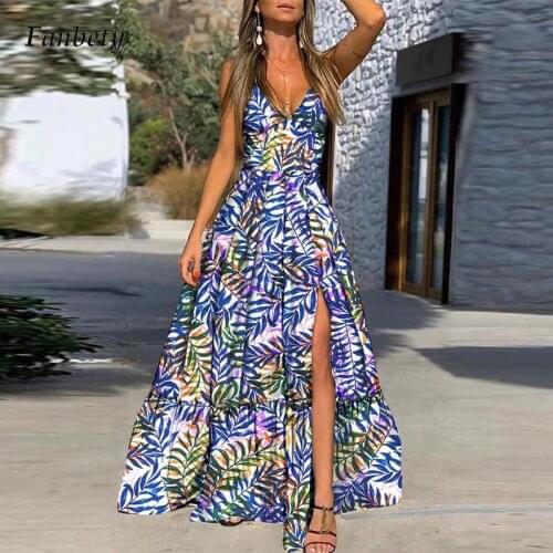 Lady Sexy V Neck Sleeveless Party Dress Elegant Leaves Print Women Slit Long Dress Casual Off Shoulder Sling Maxi Dress Vestido
