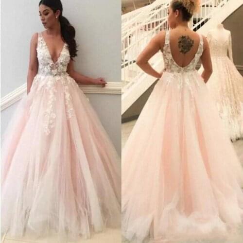 Pink Vestido De Noiva 2021 V Neck Tulle Backless Wedding Dresses Lace Appliques Bridal Gowns Sweep Train Sleeveless