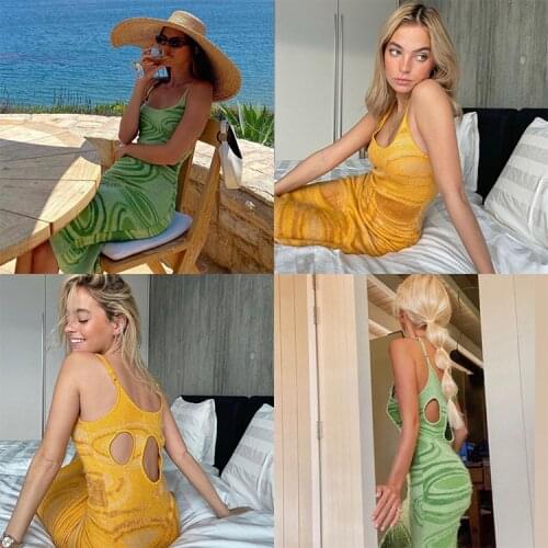 Sexy Women Print Knit Bodycon Dress Women Green Y2K Summer Hollow Out Sexy Sleeveless Spaghetti Strap Beach Midi Dresses Party