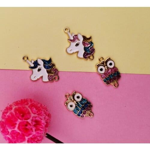 10pcs Glitter Enamel Animal Connectors Charms Handmade Unicorn Owl Charms Golden Base Metal Pendant For Jewelry Making Accessory
