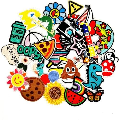 30PCS Cute Cartoon Embroidered Patches For Clothing Dinosaur Flower Ironing Stickers Stripe on Dress DIY Clothes Badges Patch