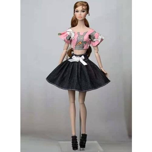 11.5" Dollhouse Accessories Pink Cartoon Rabbit Shirt Jeans Skirt For Barbie Doll Clothes Set 1/6 BJD Outfits Kids Cosplay Toys