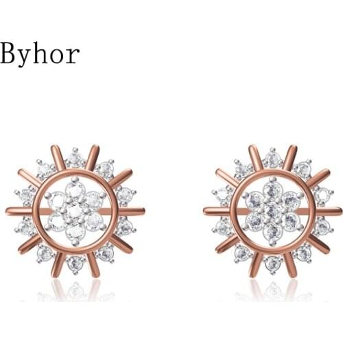 Byhor Solid 14K White/Yellow+White/Rose+White Gold 0.8ct H/SI Natural Diamonds Fine Jewelry Sun Stud Earrings Women Cерьги