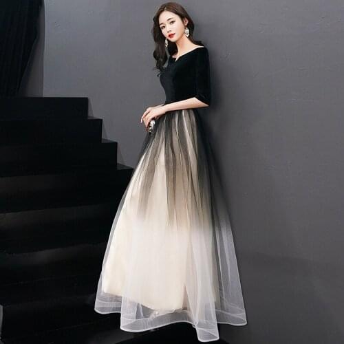 Black Evening Dresses Long 2020 New Arrival Round neck Half Sleeve Sexy Long Velour Party Gowns Gradient