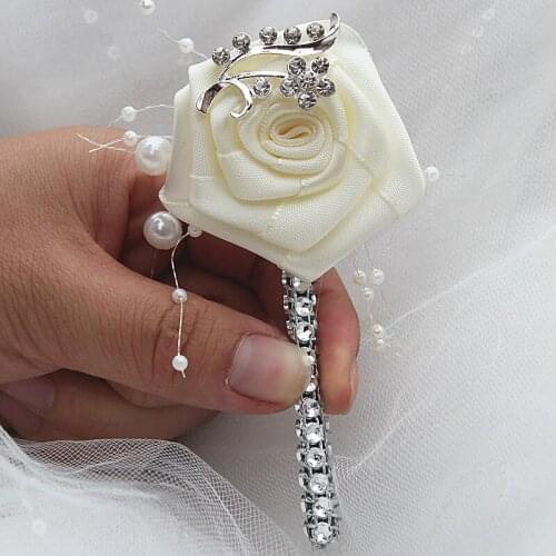 Ivory Rose Flower Pearl Crystal Groom Boutonniere Wedding Party Man Suit Corsage Pin Satin Rose Buttonhole