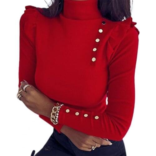 T-Shirts Women Casual Women High Neck Button Decoration Ruffle T-shirt Bottoming Shirt Top