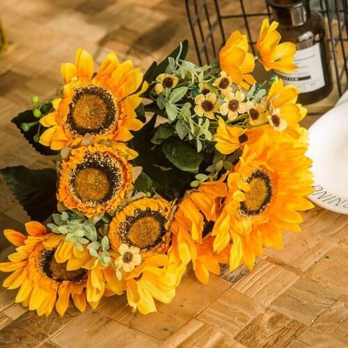 12 Heads Artificial Sunflower Daisy Flowers Bouquet Silk Craft Plastic Fake Plant Bride Bouquet Wedding Living Room Decorations