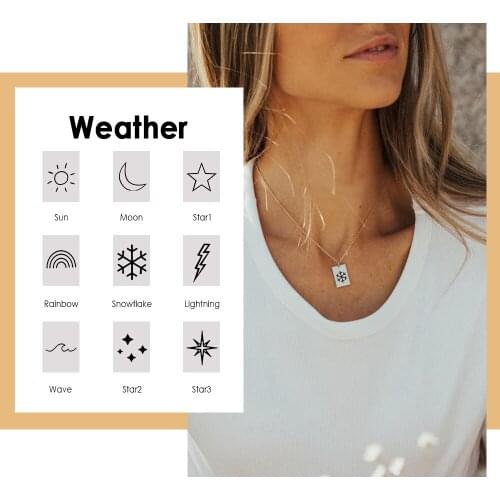 JUJIE Custom Weather Necklace Engrave Star Moon Charm Necklace Snow Choker Square Pendant Minimalist Women Jewelry Dropshipping