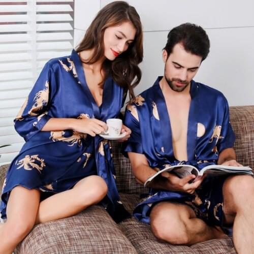 Two-Piece Robe Silk For Mens Set Women Sexy Short Sleeve Imitation Kimono Pajama Male Satin Bathrobe Home Service Couples Nightg