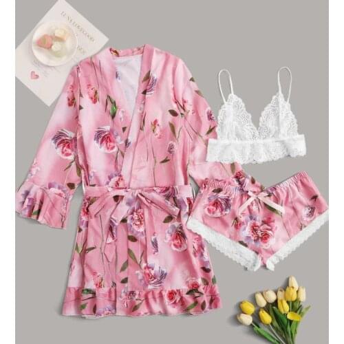 Pink Print Women Rayon Pajamas Sets 3PCS Bud Kimono Nightgown&Shorts Pyjamas Bride Dressing Gown Lingerie Sleepshirt Home Wear