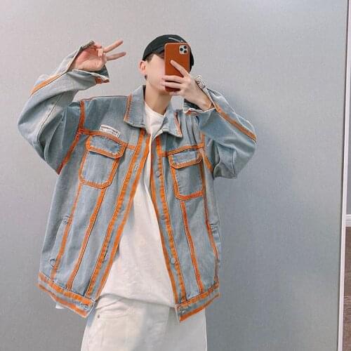 Gothic denim jacket mens contrast denim jacket autumn new American retro personality hip hop high street style blue coat trend