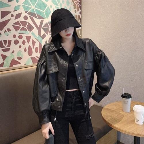 PU Jacket Women 2021 Spring Autumn New Solid Office Lady Lace Up Lapel Full Loose Jackets Fashion Retro Wild BF Coats