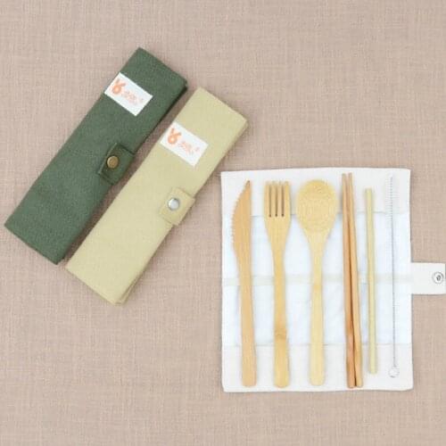 7 PCS/set Outdoor Travel Portable Cutlery Set Knife Fork Spoon Chopsticks Straw Student Bamboo Environmental Camping Tableware