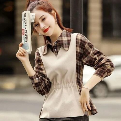 Spring Autumn New Fashion Fake Two-piece Plaid Shirt Women Long-sleeve Stitching Blouses Top Female Outwear Casual Clothes