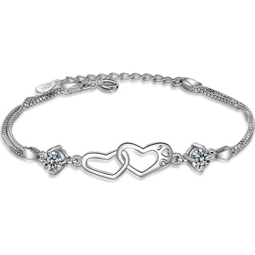 Wholesale Silver color Double Heart Chain Bracelet & Bangle For Women Girlfriend Pave Round CZ DIY Sterling Jewelry Bijoux