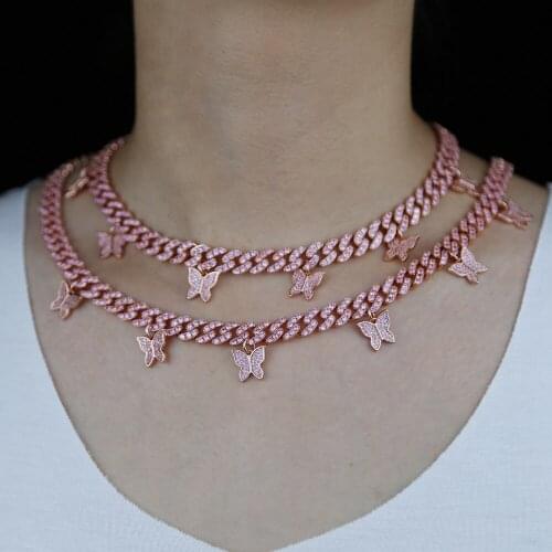 Iced Out Butterfly charm Necklace Cuban Link Chain Choker Necklace Women Girls Butterfly Chains Bling Hip Hop Pendant Jewelry