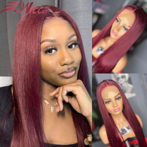 99J Lace Front Wigs Burgundy Transparent Lace Straight Wigs Brazilian 26inch T Part Human Hair Wigs Pre Plucked Remy For Women