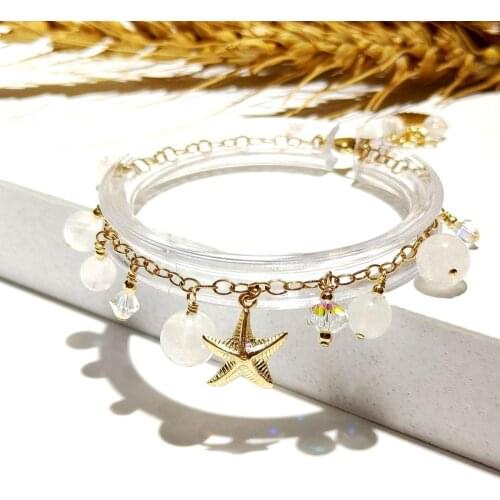 Lii Ji Aurora Natural Moonstone Austrian Crystal Charms American 14K Gold Filled Shell Starfish Charms Chain Bracelet 17cm+3cm