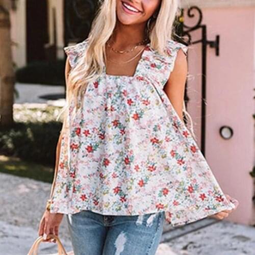 Popular Women Blouse All Match Floral Print Square Neck Ruffles Shoulder Strap Summer Sleeveless Frilled Shirt Ladies Top