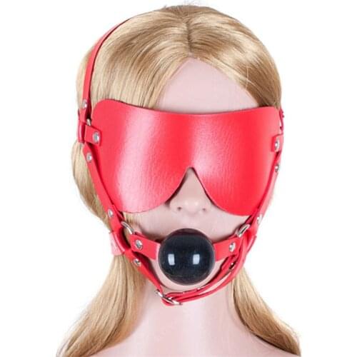 PU Leather Head Harness Sexy Blindfolds Gag with Silicone Mouth Ball Adult GamesSex Slave Bdsm Fetish Fantasy Sex Toy for Couple