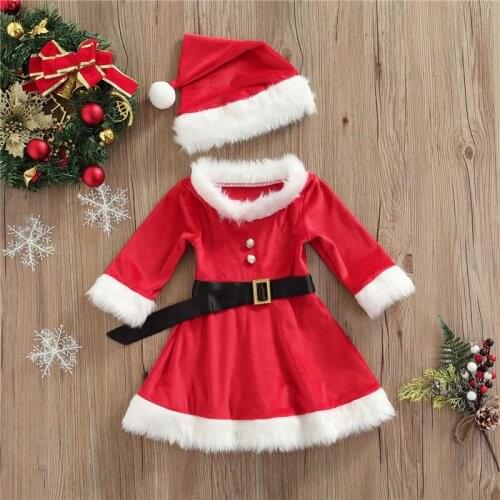 Blotona Little Girls Christmas Skirt Set, Fluffy Stitching Boat Neck Long Sleeve Dress + Hat+ Waist Belt Suit for Kids, 1-5Years