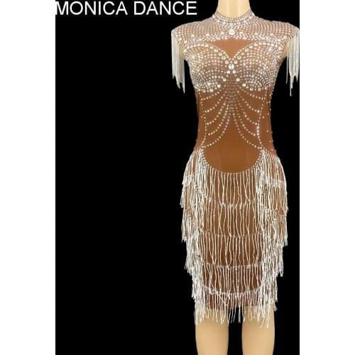 Sexy Stage Silver Rhinestone Fringe Transparent Short Dress Birthday Celebrate Chain Shoulder Dress Prom Dancer Show Outfit