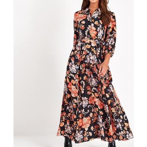 Spring Womens Chiffon Dress 2020 New Printed Floral Vintage Midi Dresses Sexy V-Nech Casual Lace Up Long Dress Plus Size