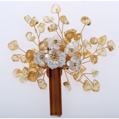 Yacq Women Gemstone Citrine Agate Shell Flower Tree of life Pin Brooch Pendant 2 in 1 Handmade Jewelry Flexible Copper Wire