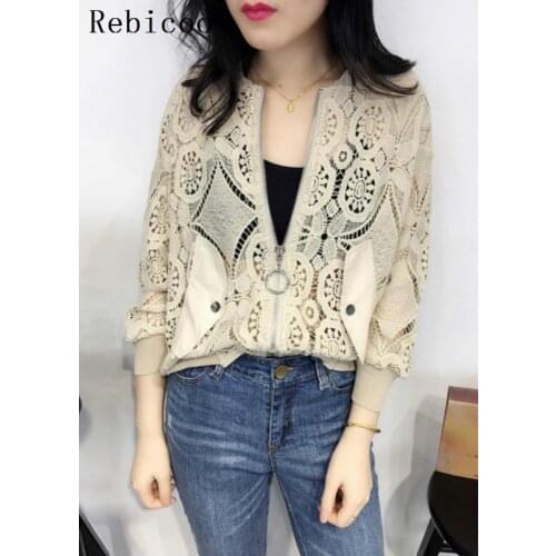 Womens Casual Bomber Jackets Ladies Lace Floral Jacket Long Sleeve Basic Jacket Female Hollow Out Sunproof Coats