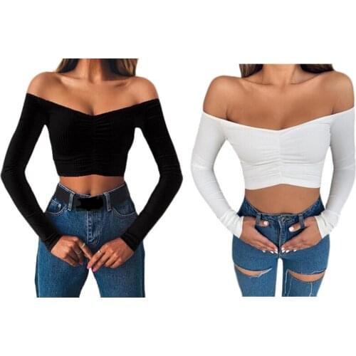 Women Shirts Sexy and Club Fashion Female T-Shirt Long Sleeve Off Shoulder Solid Lady T Shirt Autumn Basic Tees