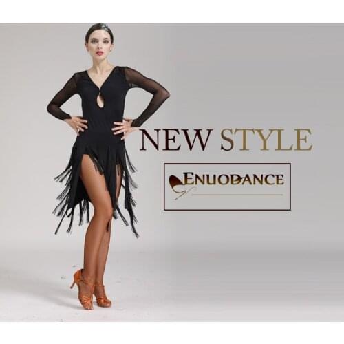 Latin Dance Dress Long Sleeve V Neck Women Professional Sumba Rumba Dancing Wear Adult Black Latin Tassel Dress D-0131