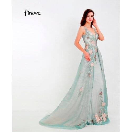 Finove Prom Dress 2020 Long Elegant Organza Embroidery Chic Skirt Sweet Neck Line Light Green Party Woman Dress Robe de soiree