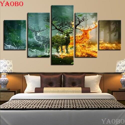 5D DIY Full Square Round Diamond Painting 5 Pieces Forest Tree Fire Deers Embroidery Mosaic Cross Stitch For Bedside Background
