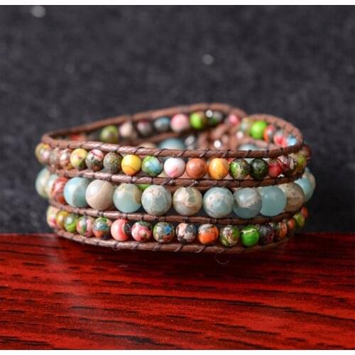 4mm Emperor Stone 6mm Agalmatolite Wrap Bracelet For Women Jewelry Boho Multicolor Beads Cuff Bracelets Bangles Sunflower Clasp