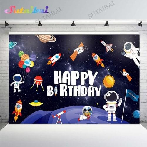 Outer Space Happy Birthday Backdrop Banner Galaxy Planet Astronaut Rocket Photography Background Decoration Supplies for Boys