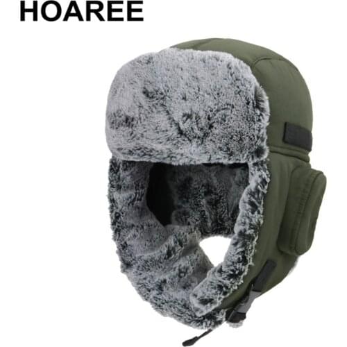 HOAREE Women Hat Warm Thick Ski Winter Hats for Men Green Outdoor Male Female Russian Fur Bomber Hat Earflap Trapper Cap