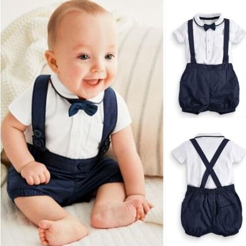 Newborn Infant Baby Boys Suit INS Hot Sale Childrens Clothing Gentleman Bow Tie Shirt + Bib Pants 2pcs Baby Childrens Suits