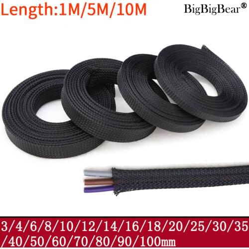 1M/5M/10M Black PET Braided Sleeving Diameter 1~100mm Insulated Cable Data line protection Wire Cable Flame-retardant nylon tube