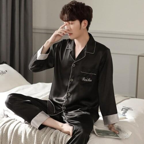 Oversize 3XL New Spring Summer Male Thin Silk lapel cardigan Pajamas Suits 2PCs Korean Long Sleeves Men Pure Color Homewear