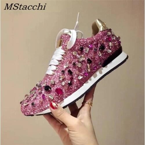MStacchi New Luxury Rhinestones Sneakers Lace Up Flat Shoes Woman Bling Mixed Color Crystal Paillette Cozy Women Casual Shoes