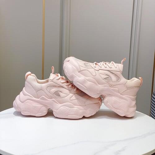 Summer Women Shoes Luxury Brand High Quality Sneakers Ins Old Daddy Jogging Femme Luxe Leather Wedges Platform Lace-Up Pink