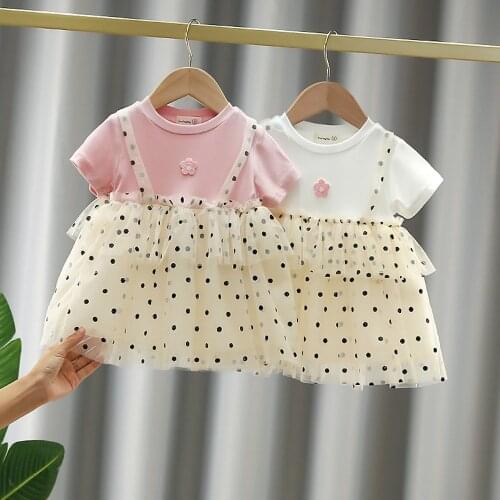 Summer Girls Kids Princess Dress 2021 Children Baby Infants Short Sleeve Dot Polka Mesh Patchwork [arty Dresses Vestidos S12363