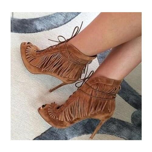 Hot Selling Brown Tassel Ankle Boots Deep V Style Fringe Ankle Boot Women Thin Heel Women Dress Shoes Cut-out Lace-up Short Boot
