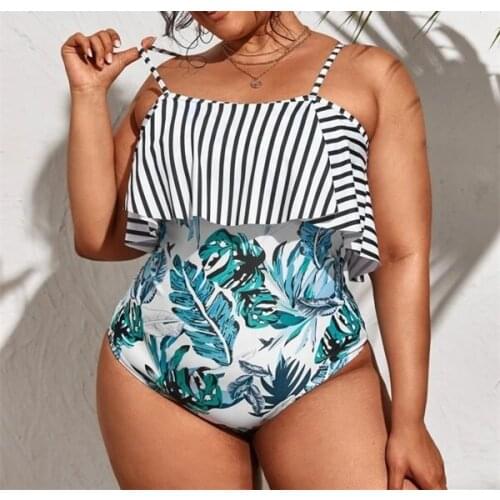 New One Piece Ruffle Swimwear Female Plus Size Floral Striped 1 piece Lotus Leaf Sexy Woman Monokini Push Up Big Breast Swimsuit