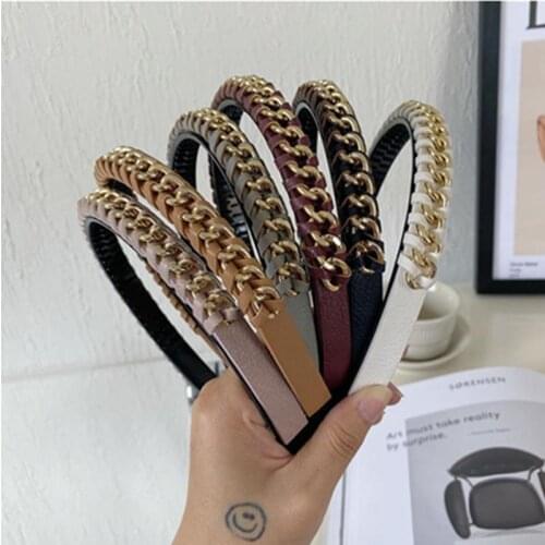 Tiny PU Headbands with Metal Chain Winding European Trendy Headdress Alloy Hairbands Women Braided Head Band Hair Hoop Solid