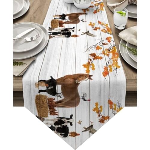 Autumn Horse Cow Deciduous Wood Grain Table Runner Wedding Table Decor Tablecloth Christmas Decorations For Home Tablecloth