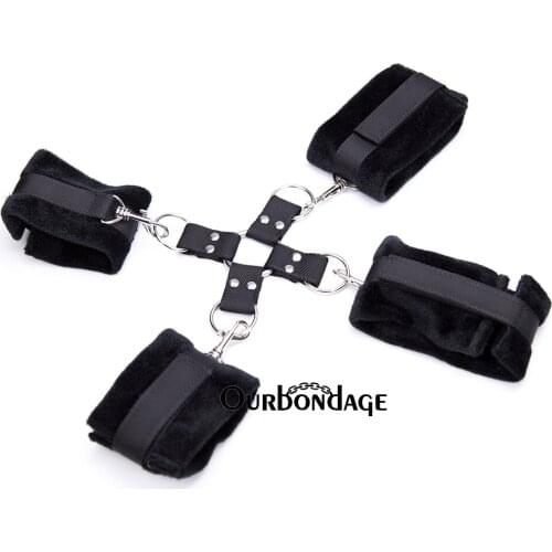 Ourbondage Nylon Strap Plush BDSM Fetish Bondage Wrist Ankle Cuffs With CrissCross Connecter Restraints For Adult Sex Toy