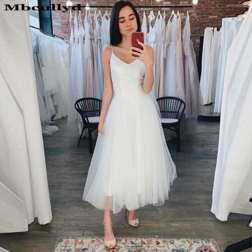 Mbcullyd Tea Length Beach Wedding Dresses 2020 Elegant Tulle Boho Church Gowns suknia slubna Cheap Plus Size vestido de noiva