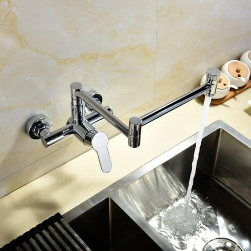 Modern Solid Brass Wall Mount Swing Arm Hot and Cold Faucet Foldable Kitchen Sink Faucet Rotating Folding Spout