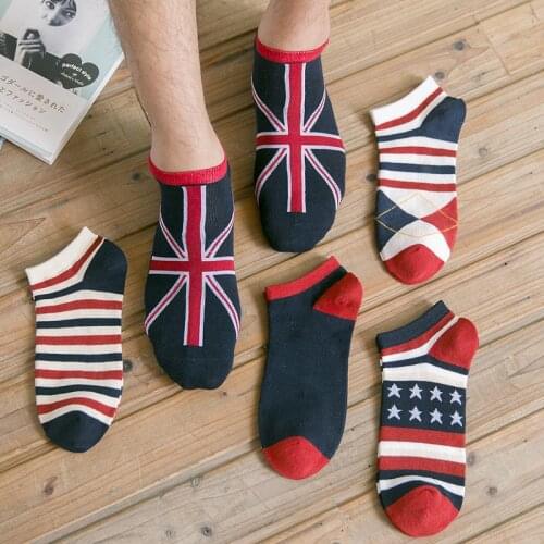 Q 5 Pairs Breathable Summer National Flag Pattern Invisible Boat Socks Non-Slip for Male Cotton Leisure Style Ankle Socks
